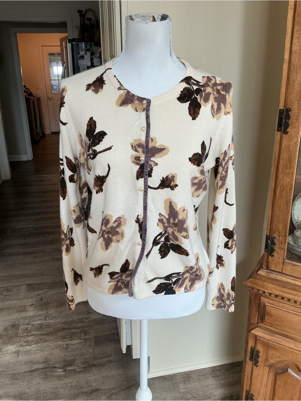 Vintage April Cornell Floral Cardigan Sweater Size S Cream Brown Floral Print